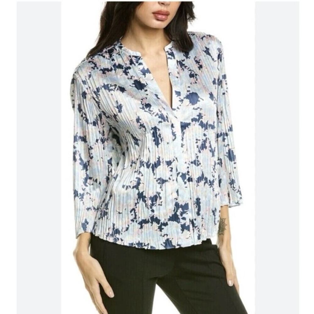 VINCE Top Lotus Pleated Floral Crinkle Blue Pink Blouse Button Down Satin Size M